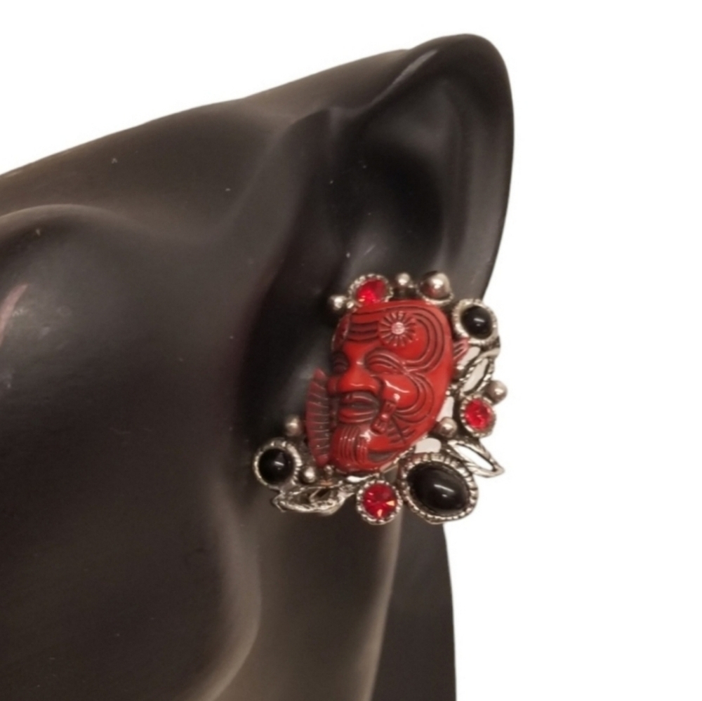 Paul Selenger Designer Rare Okina Mask Statement Clip On Earrings